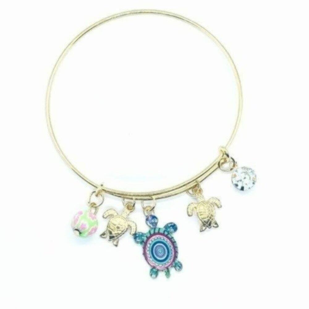 Beaded Sea Turtle Charm Colorful Bangle Bracelet